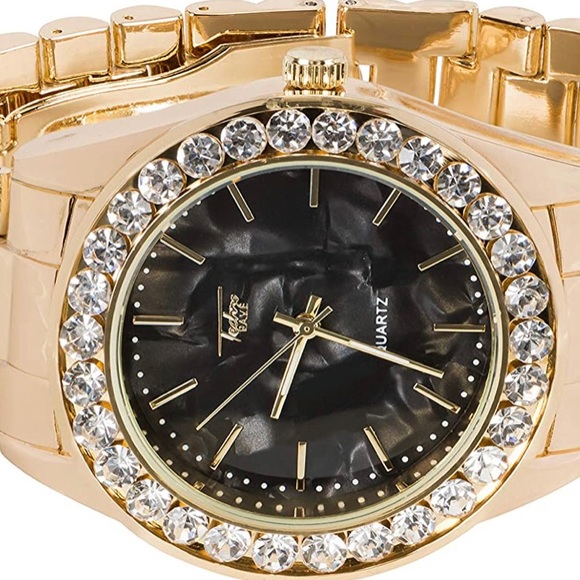 Gold Iced Out Marble Dial Watch w/Solitaire Bezel - Picture 8 of 8